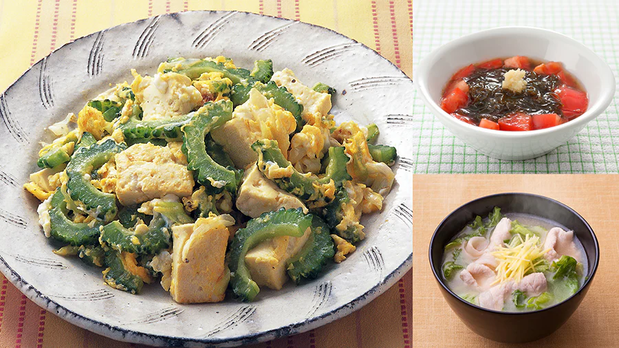 【3日目】夏に食べたいゴーヤチャンプルーとトマトのさっぱりもずく酢の献立