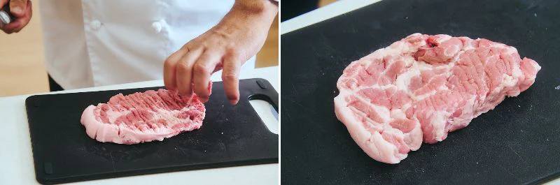 豚肉をたたき終わった後、肉の形を戻した後