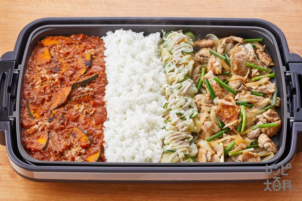 麻婆かぼちゃカレー　×　スタミナ生姜焼き～簡単ポテトサラダ添え