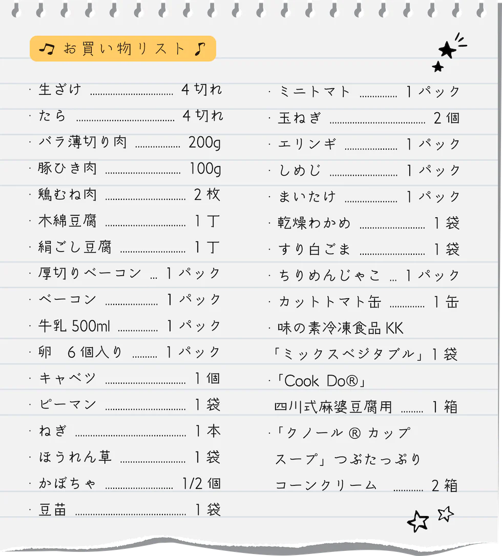 お買い物リスト 生ざけ 4切れ、たら 4切れ、バラ薄切り肉 200g、豚ひき肉 100g、鶏むね肉 2枚、木綿豆腐 1丁、絹ごし豆腐 1丁、厚切りベーコン 1パック、ベーコン 1パック、牛乳500ml 1パック、卵 6個入り １パック、キャベツ 1個、ピーマン 1袋、ねぎ 1本、ほうれん草 1袋、かぼちゃ 1/2個、豆苗 1袋、ミニトマト 1パック、玉ねぎ 2個、エリンギ １パック、しめじ 1パック、まいたけ 1パック、乾燥わかめ 1袋、すり白ごま 1袋、ちりめんじゃこ 1パック、カットトマト缶 1缶、味の素冷凍食品KK「ミックスベジタブル」1袋、「Cook Do®」四川式麻婆豆腐用 1箱、「クノール® カップスープ」つぶたっぷりコーンクリーム 2箱