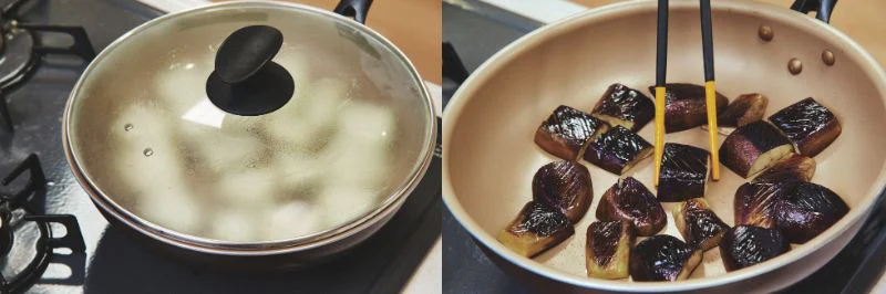 <なすの焼きびたし>ポイント①皮に切り込みを入れ、蒸し焼き