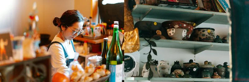 レストランと雑貨屋さんの2つのエリアに分かれた店内。販売している器や洋服はすべて森島さんの手作りです。