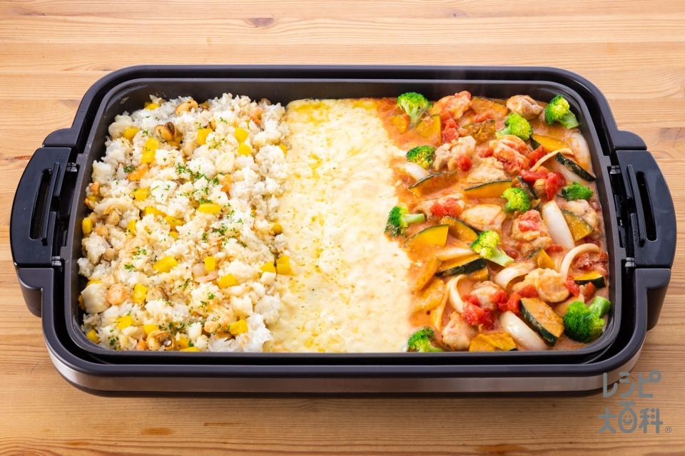香ばしマヨ！シーフードピラフ × 彩り鮮やか！かぼちゃと鶏肉のトマト煮