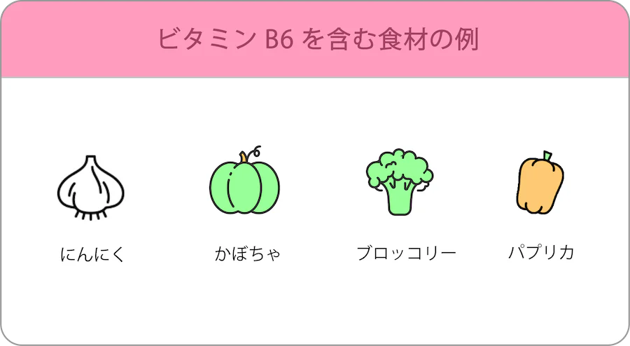 ビタミンB6を含む食材の例。にんにく、かぼちゃ、ブロッコリー、パプリカ。