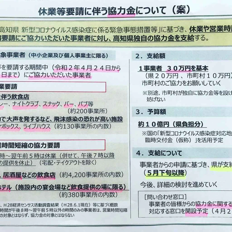 「新型コロナウイルス感染症防止」に係る高知県知事からの要請