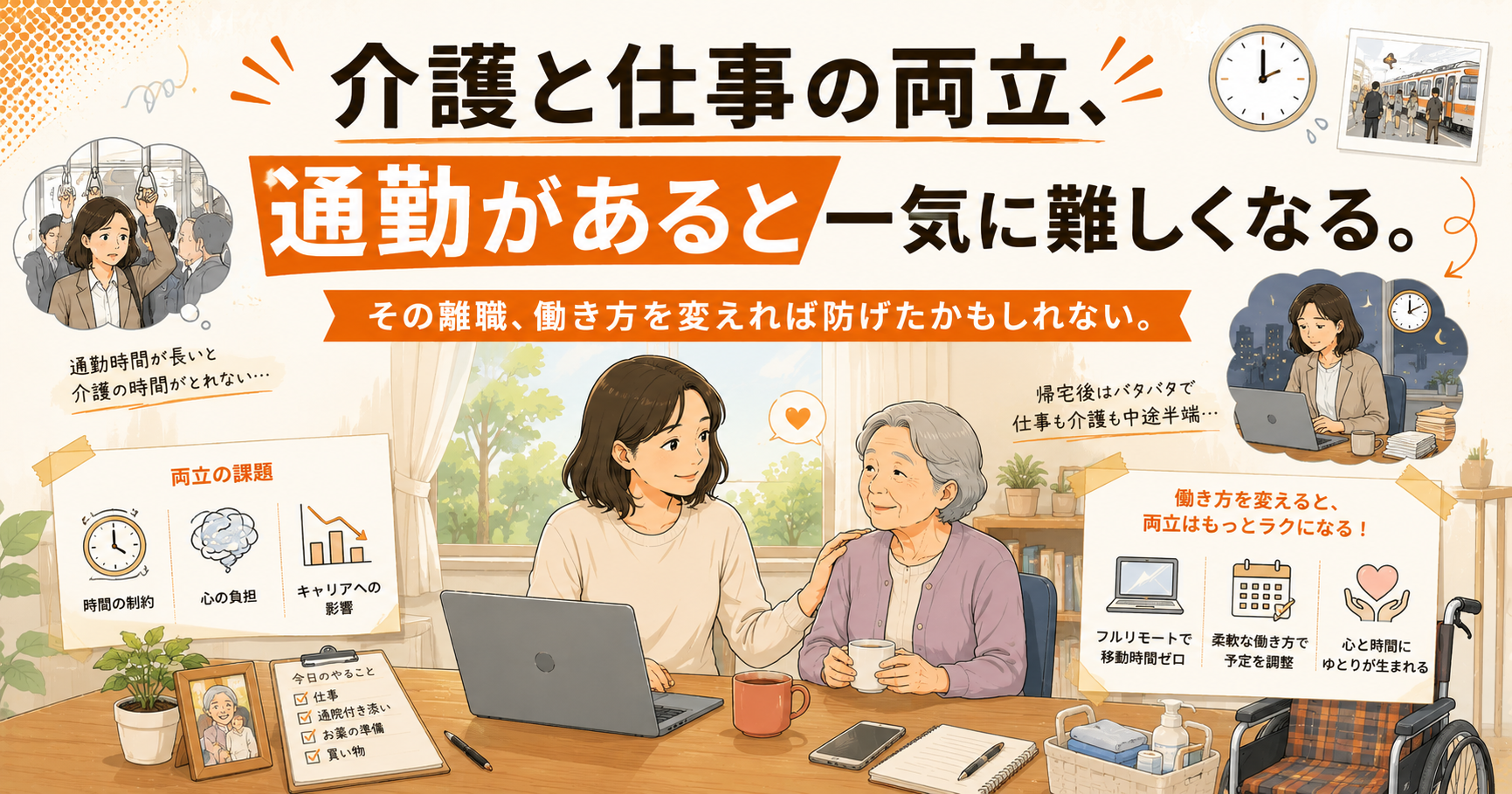 介護と仕事の両立は、通勤があると一気に難しくなる。