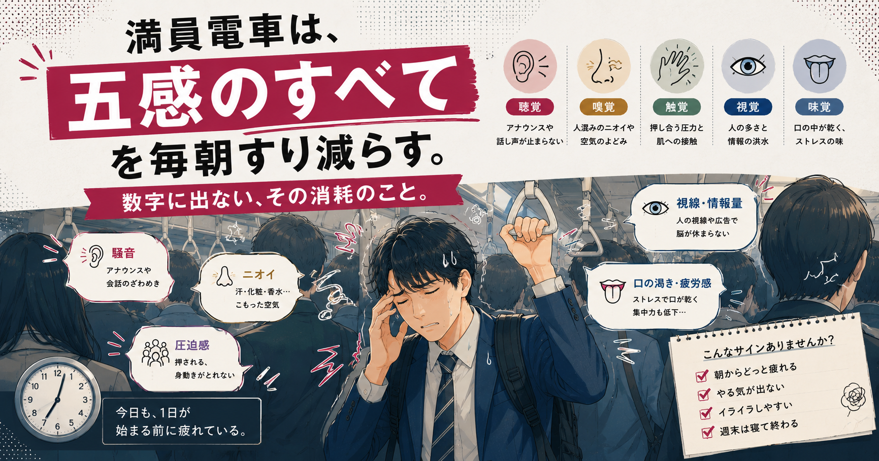 満員電車は、五感のすべてを毎朝すり減らす。
