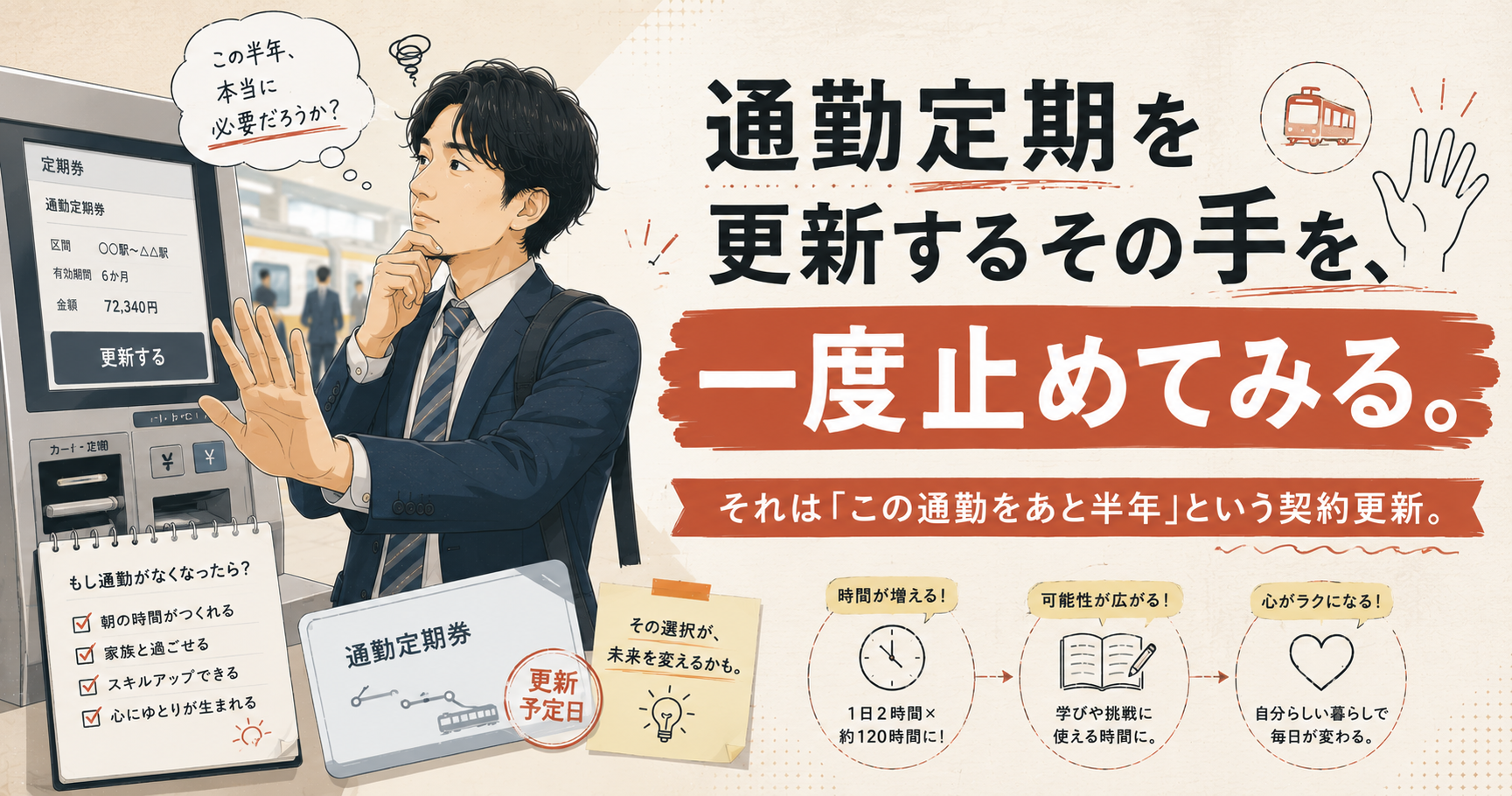 通勤定期を更新するその手を、一度止めてみる。