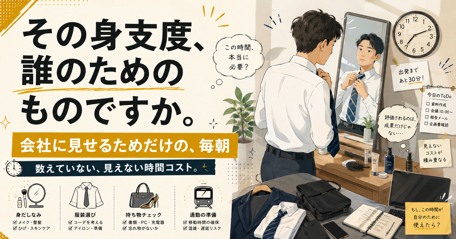 会社に見せるためだけの身支度に、毎朝どれだけ使っているか。