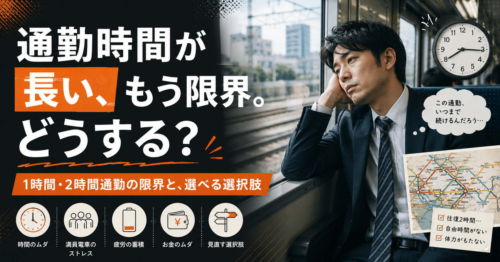 通勤時間が長いと感じたら|1時間・2時間通勤の限界と、選べる選択肢