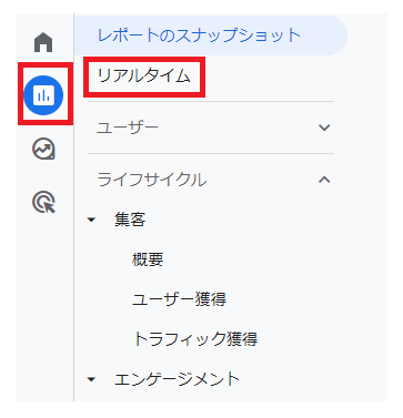 GA4リアルタイムレポートを確認する方法の説明。