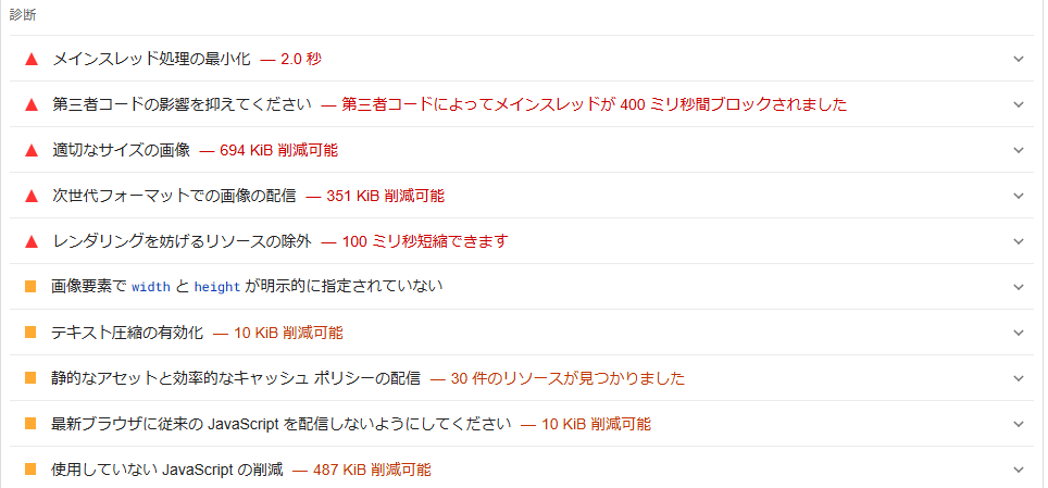 PageSpeed Insightsに表示された改善点