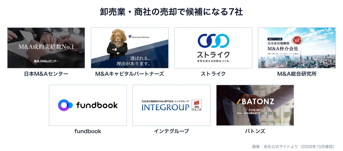 卸売業・商社の売却で候補になるM&A仲介会社7社の公式サイト画像