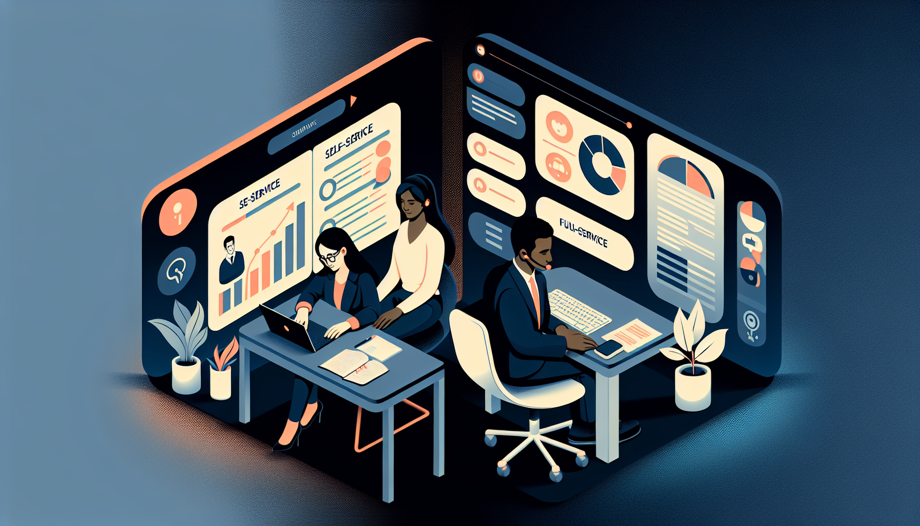 セルフサービス型とフルサポート型の比較イメージ