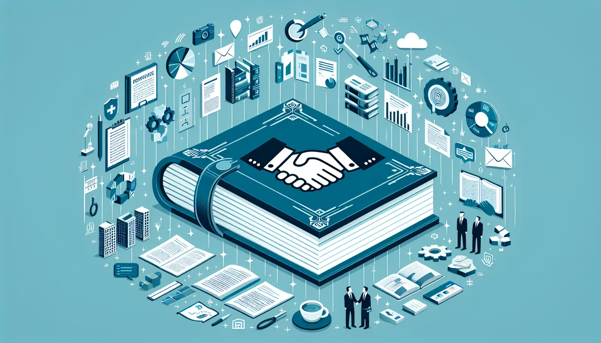 M&A用語集イメージ:ビジネス用語が並ぶ参考書とM&A関連のアイコンが浮かぶ概念図