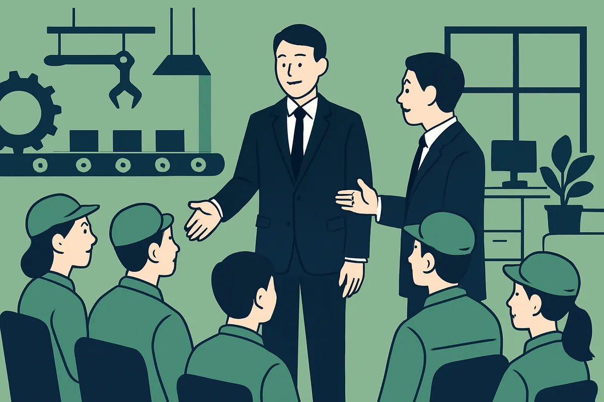 ファンドから派遣された経営人材が従業員に紹介される場面のイメージ