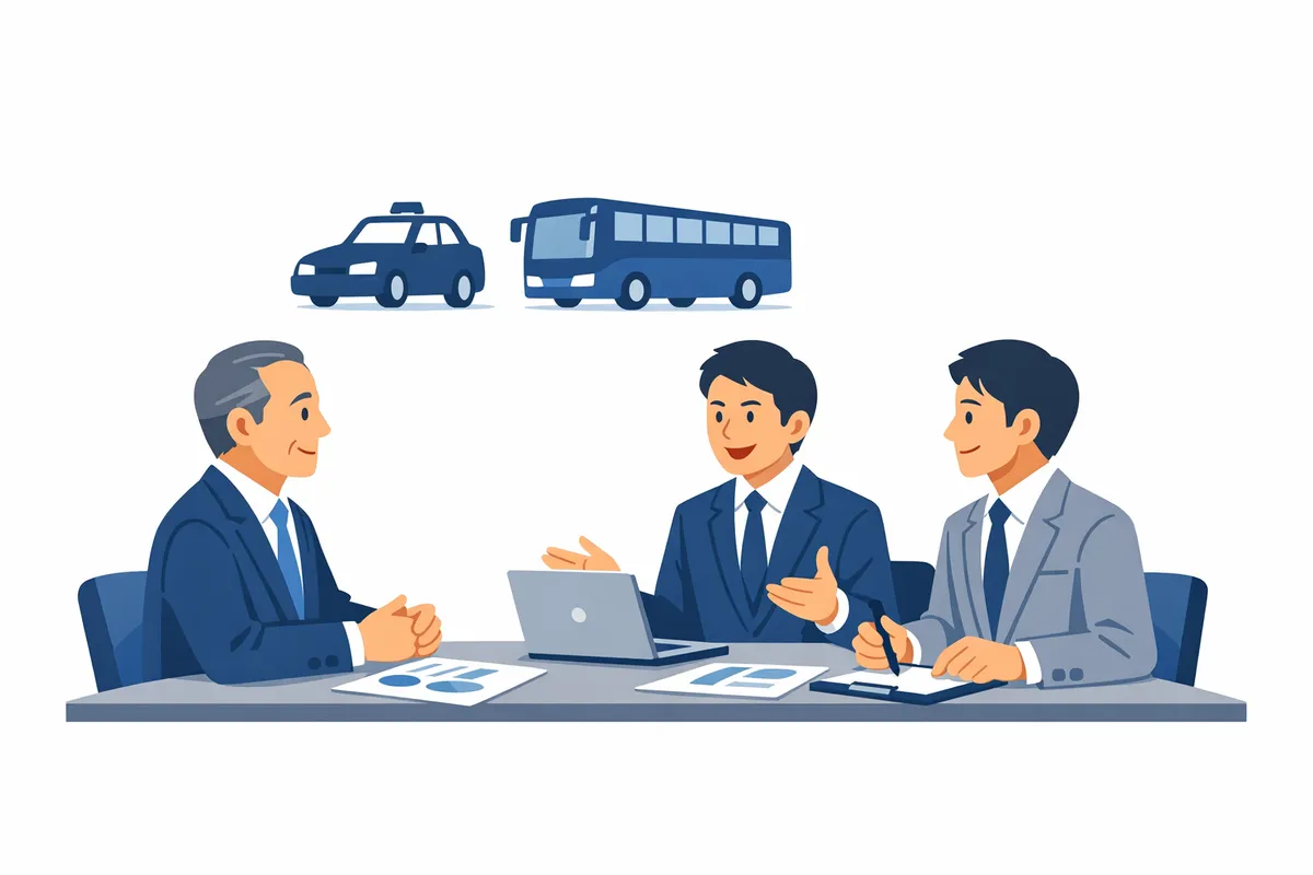 タクシー会社のオーナー経営者がM&A仲介会社の担当者と面談している様子