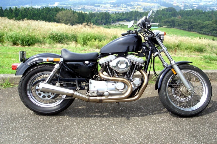 草原が背景に広がる道に停まっている黒いバイク。