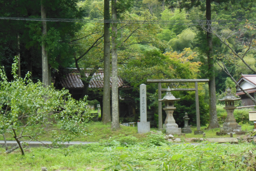 木々に囲まれた場所に鳥居や石像が見える。