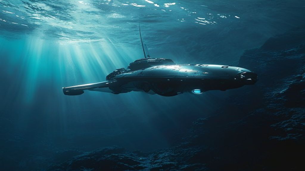 Conceptual rendering of an autonomous unmanned undersea vehicle gliding through deep blue ocean waters