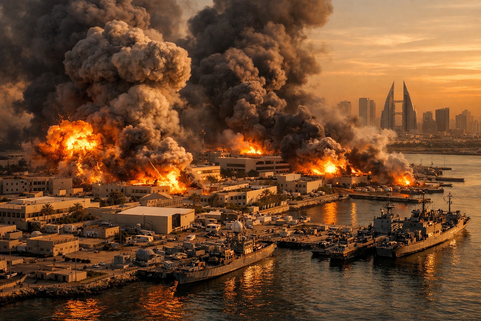 Aerial view of US Fifth Fleet headquarters compound in Manama, Bahrain with naval vessels docked nearby