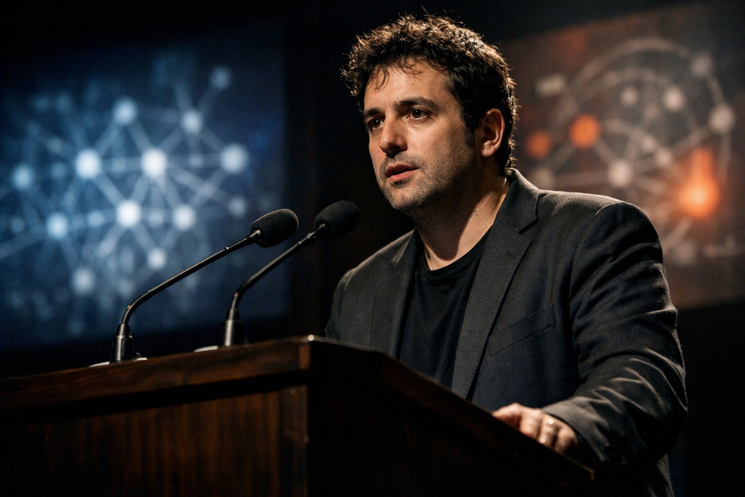Dario Amodei speaking at an AI safety conference podium