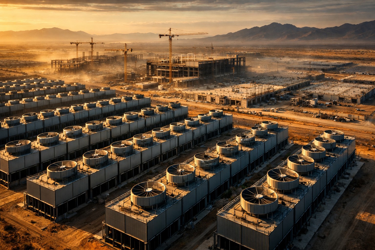 Aerial view of a large-scale Google data center campus under construction with rows of cooling towers