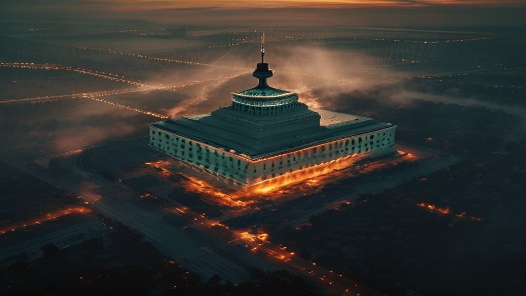 Aerial view of the Pentagon building with overlay of Indo-Pacific map highlights