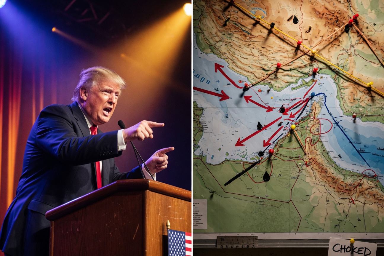 Split image showing President Trump speaking at a podium alongside a map of the Strait of Hormuz