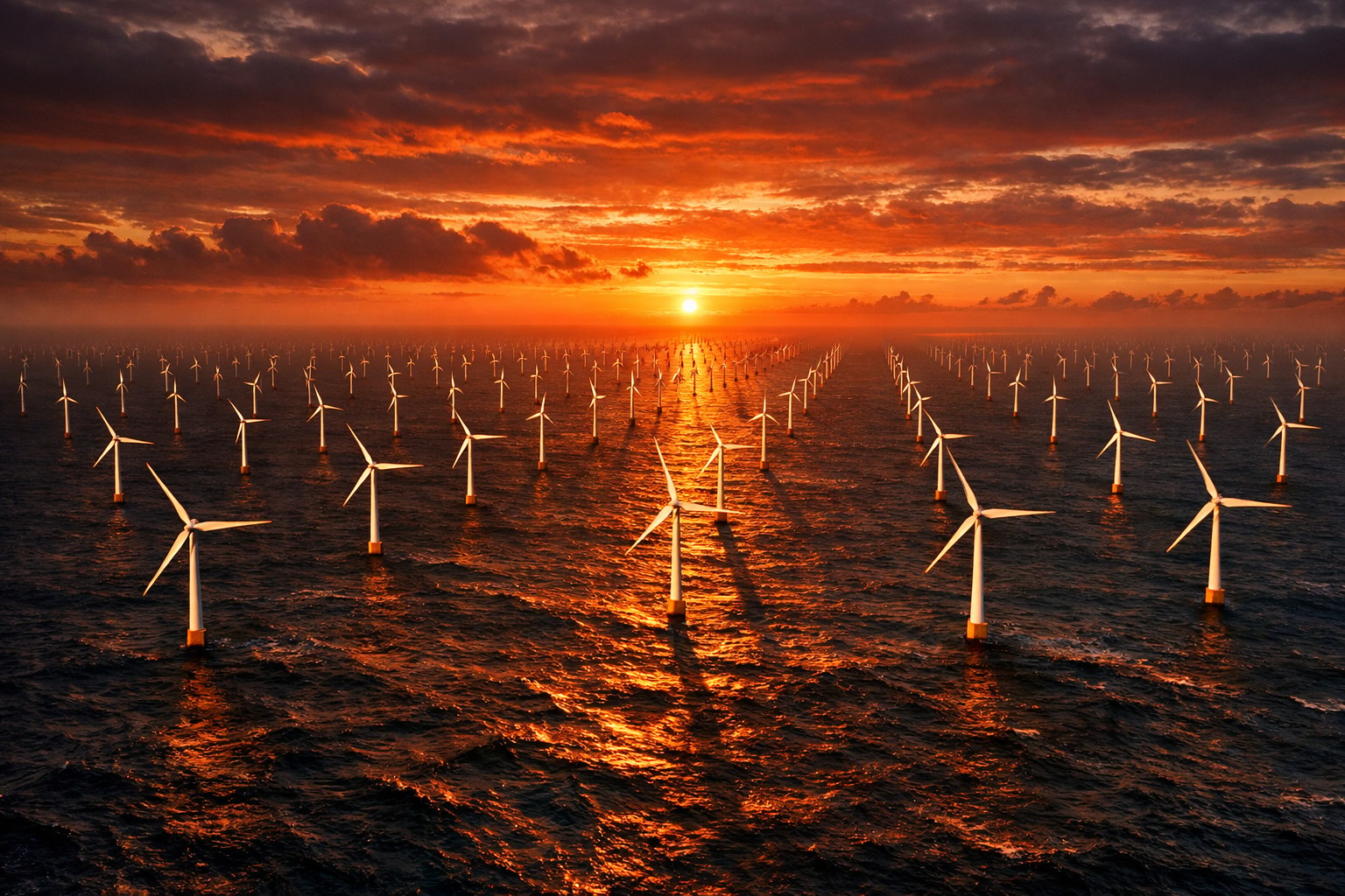 Aerial view of a large UK offshore wind farm at sunset