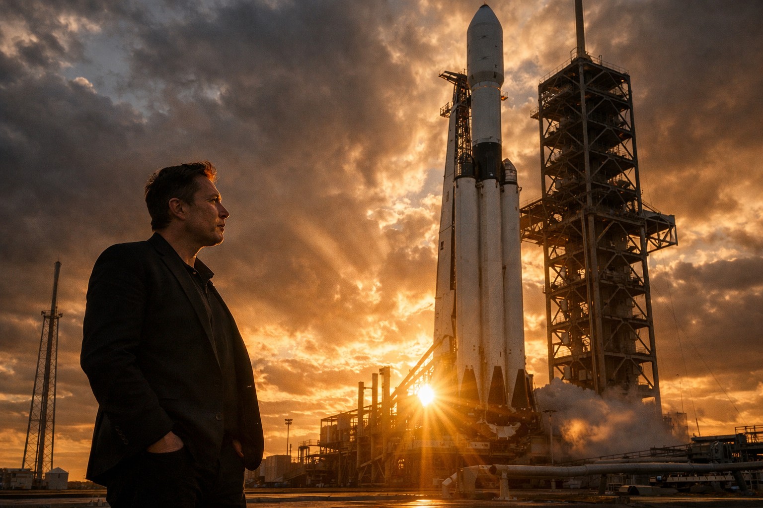 Elon Musk standing beside a Falcon rocket at a SpaceX launch site