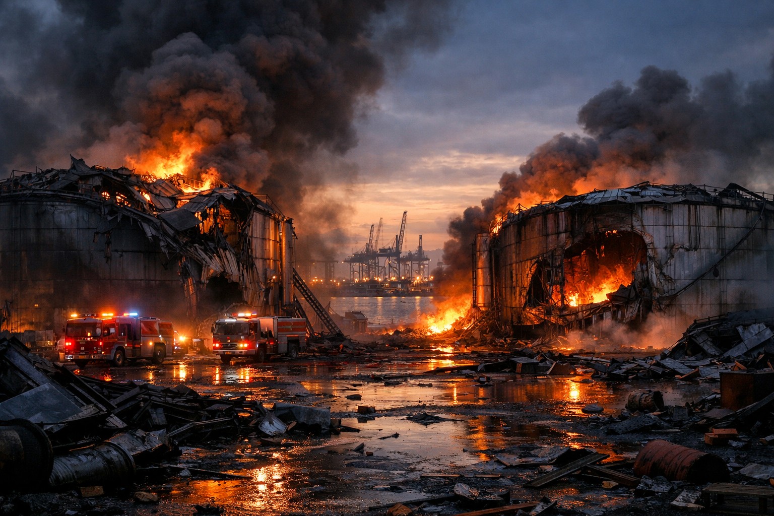 Damaged oil storage tanks at the St. Petersburg terminal with emergency crews responding