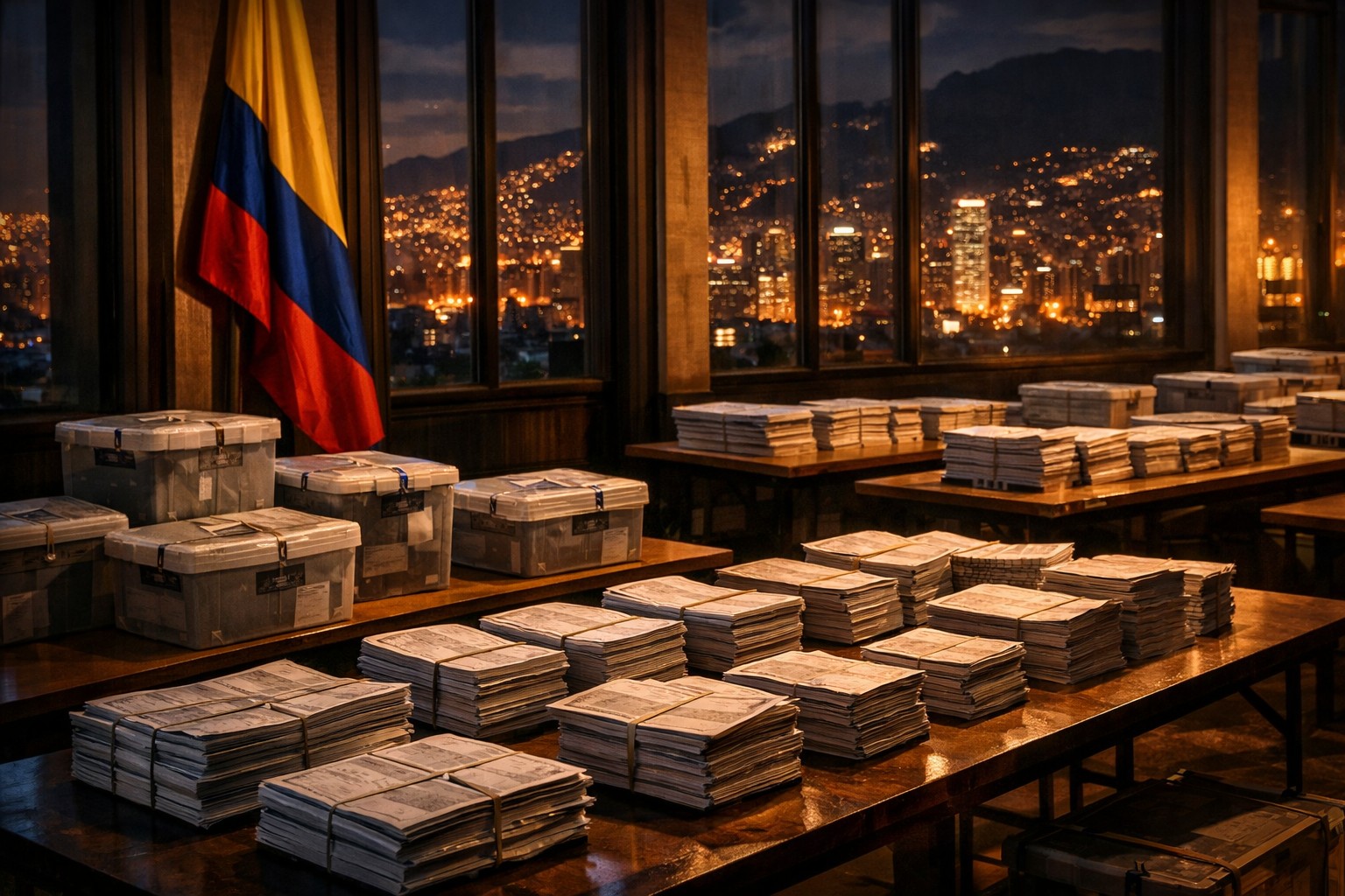 Election officials tabulating ballots in a Bogota counting center