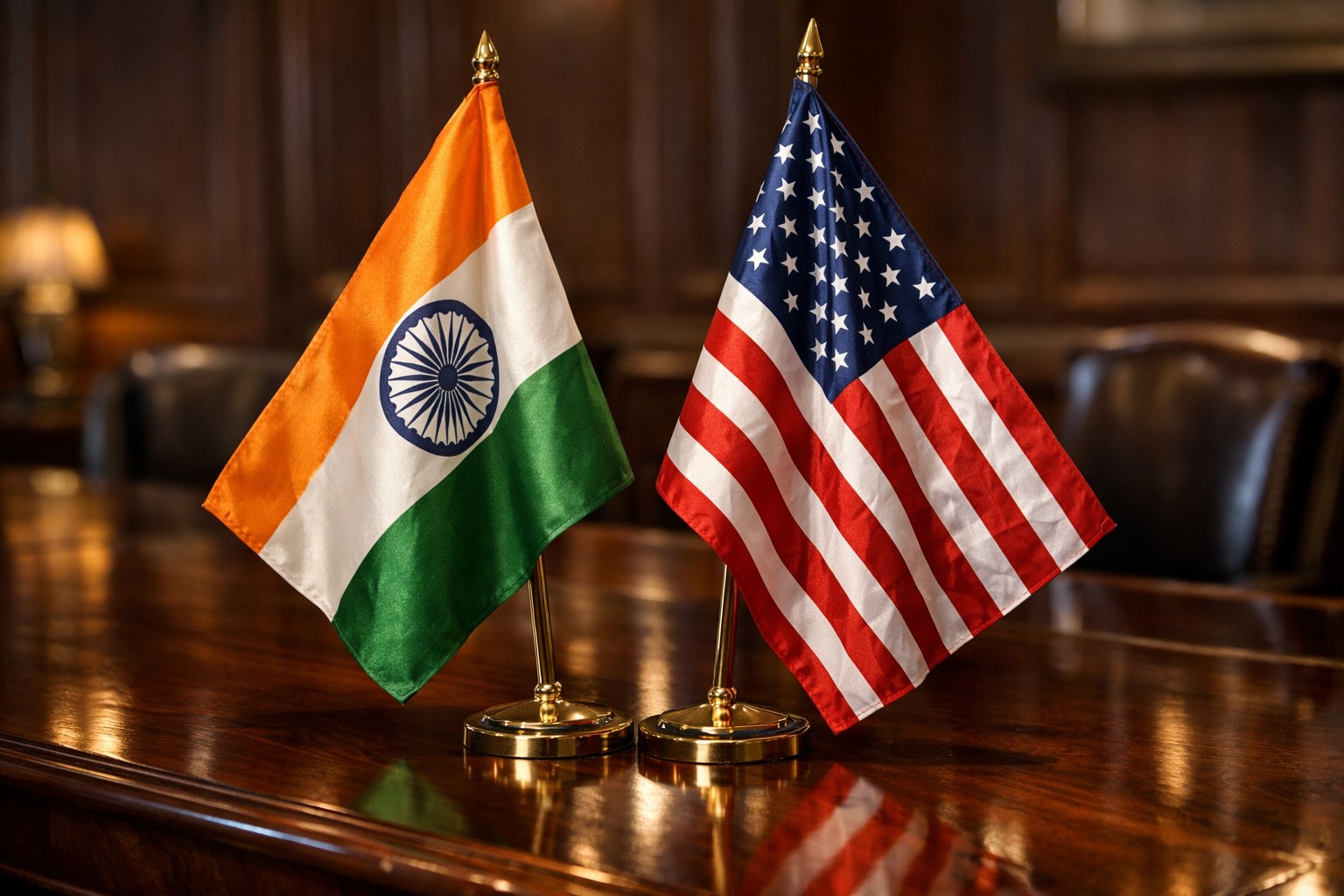 Indian and U.S. flags displayed together at a formal trade negotiation table