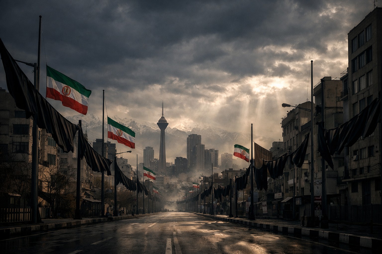 Large crowds of mourners lining Tehran streets under black banners