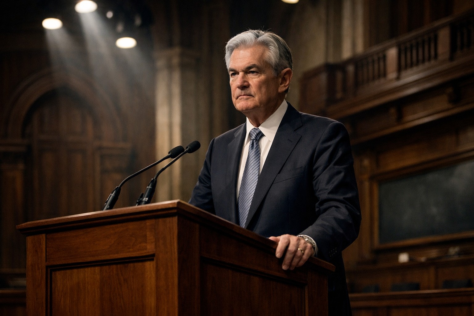 Jerome Powell at a podium delivering remarks at a university forum
