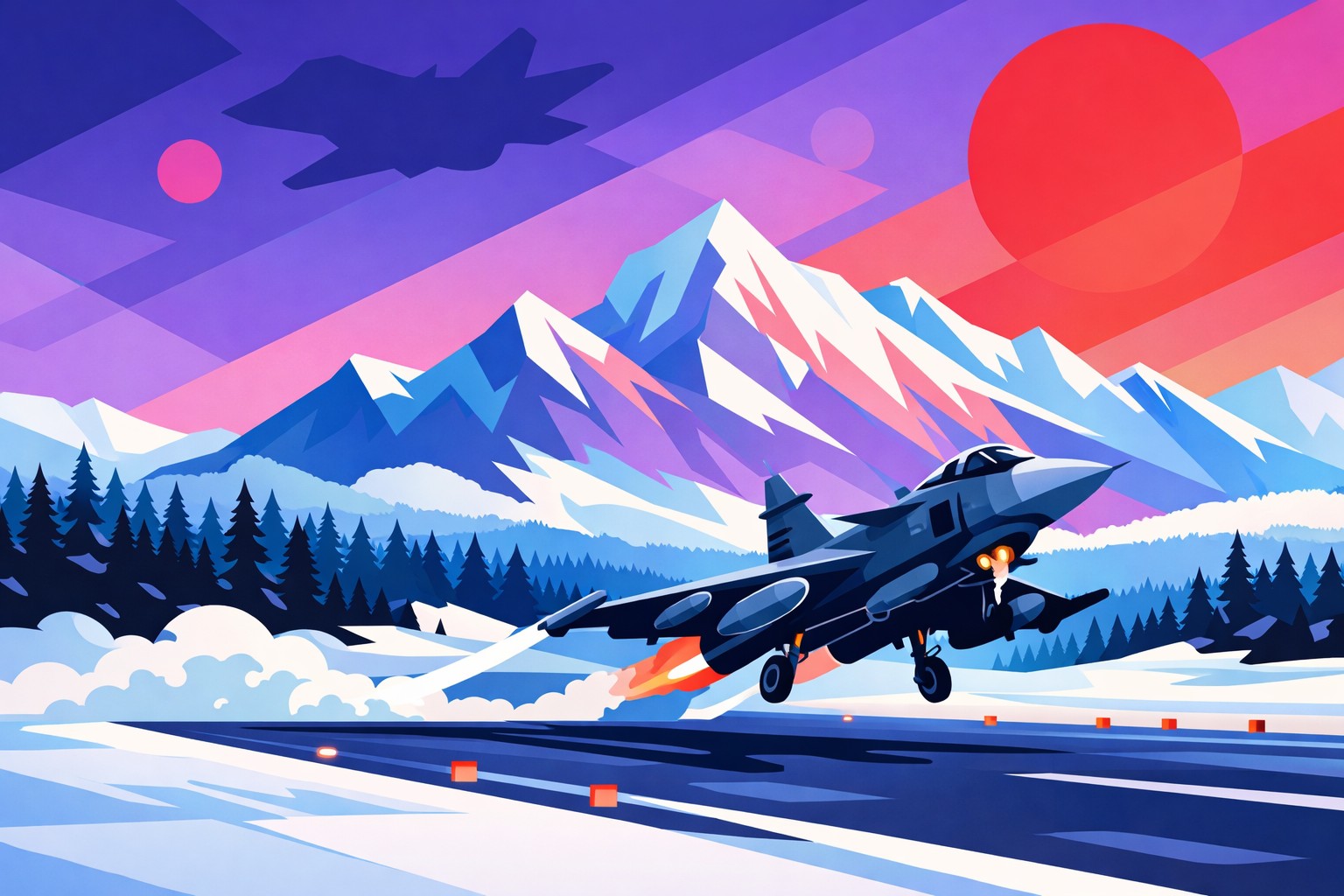 Saab Gripen fighter taking off from a remote northern runway