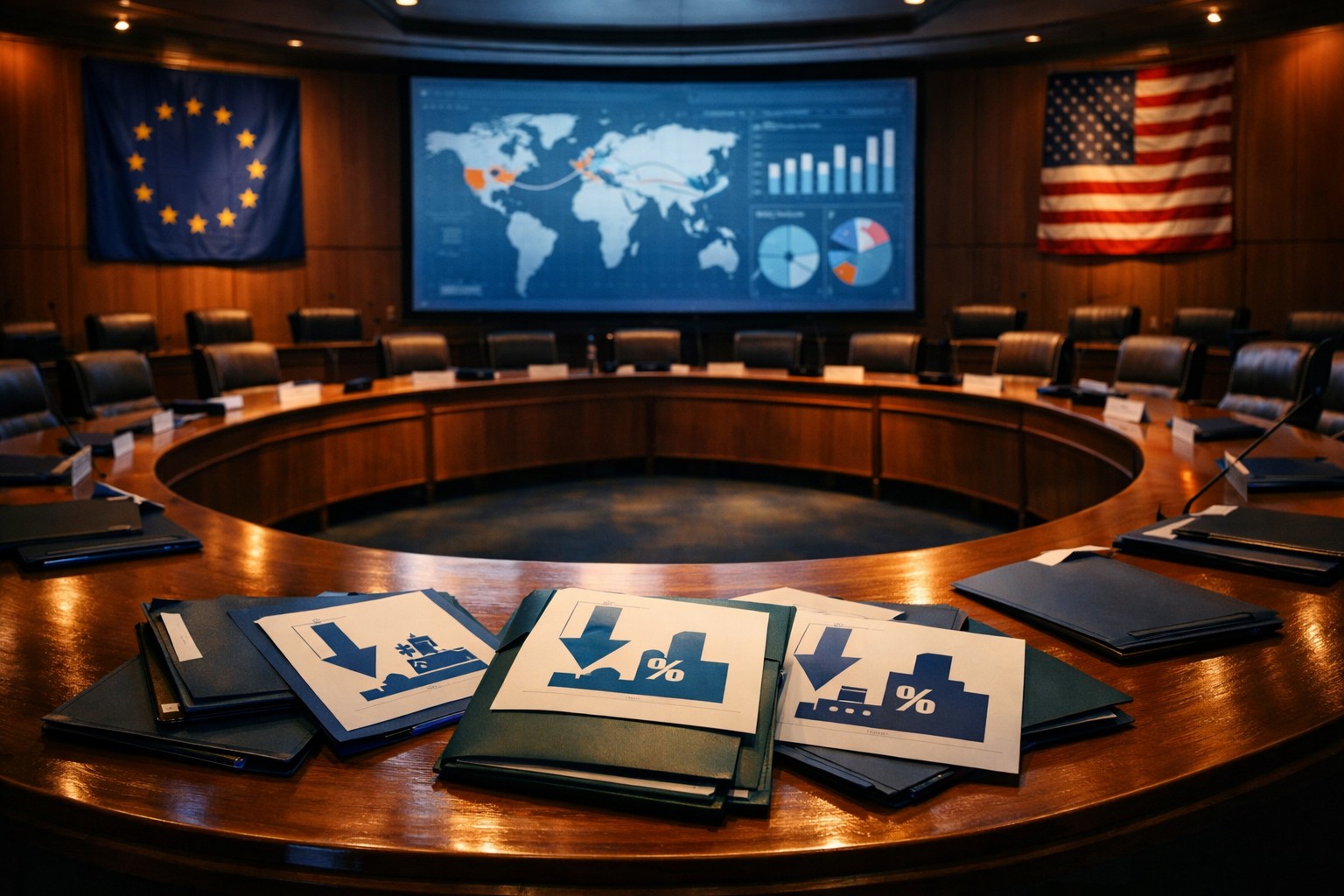 EU trade committee meeting room in Brussels with officials voting on tariff measures