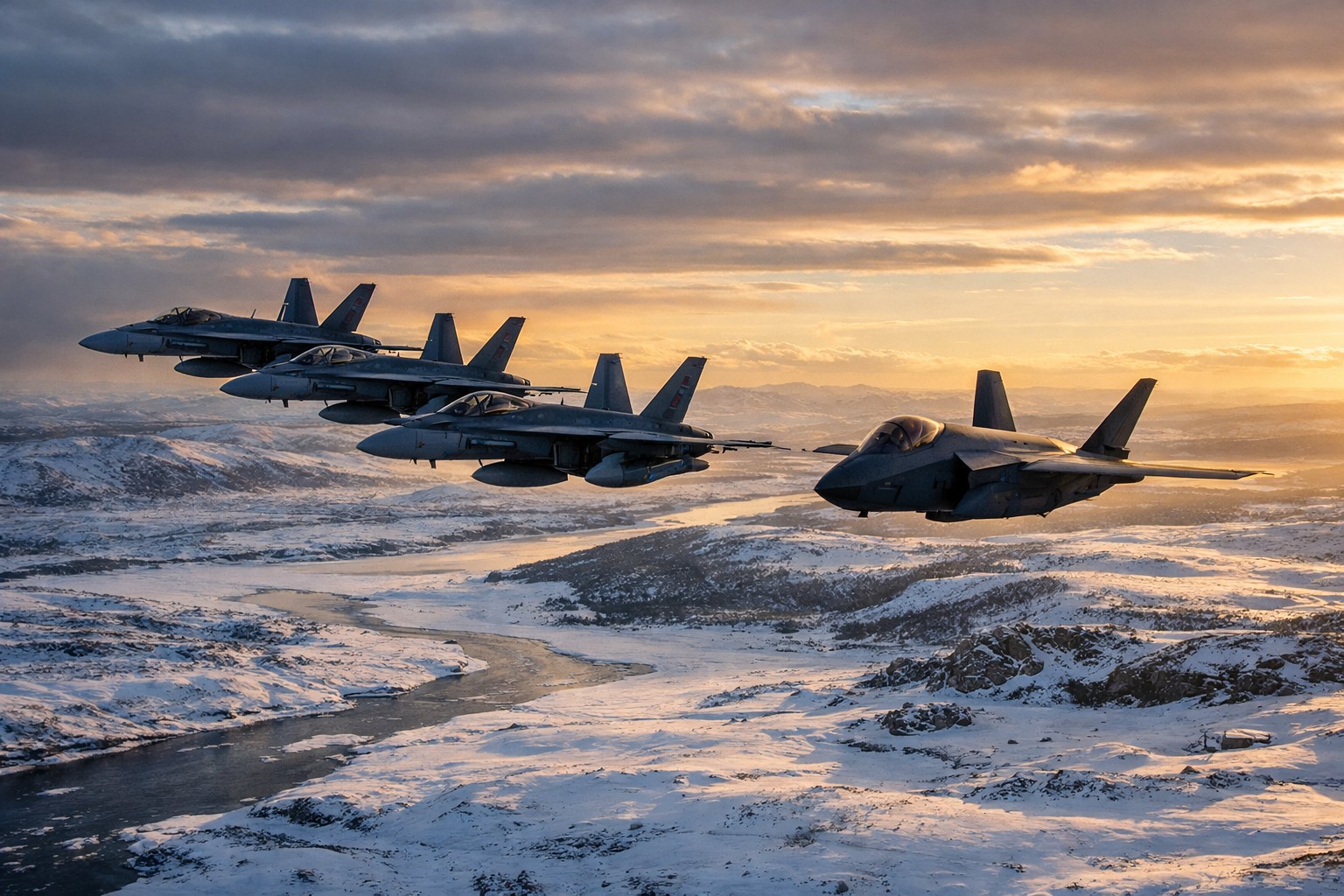 Royal Canadian Air Force CF-18s and a conceptual F-35 flying over Arctic tundra