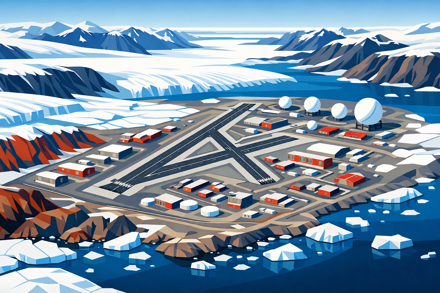 Aerial image of Thule Air Base and surrounding Greenland terrain