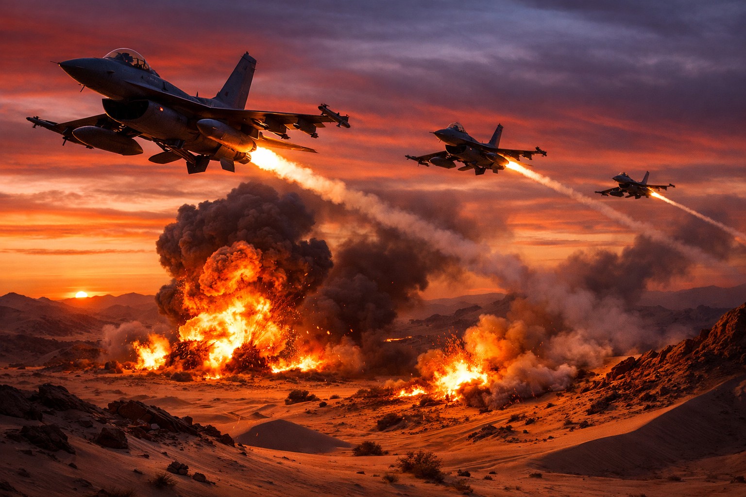 US military aircraft conducting airstrikes over desert terrain at dusk