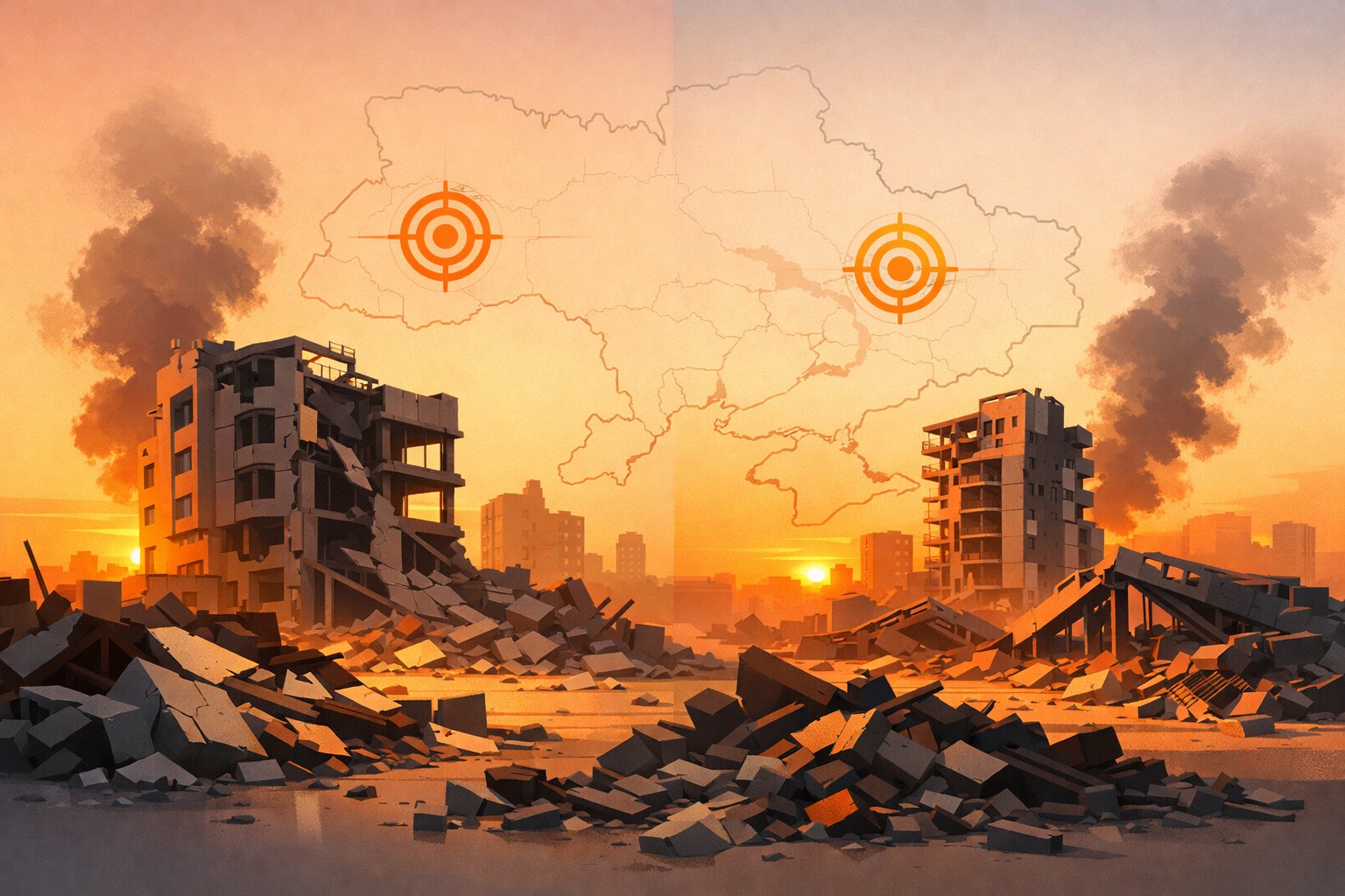 Residents in Kharkiv or Dnipro surveying blast damage as rescue crews clear debris at dawn