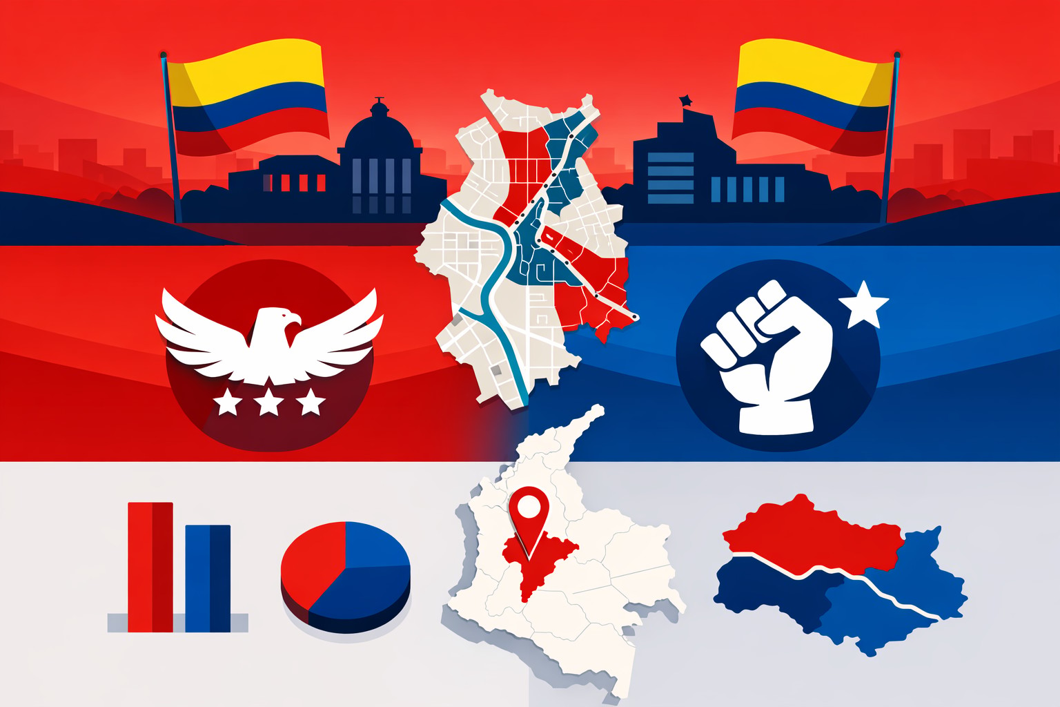 Supporters of both candidates waving flags outside campaign headquarters in Medellin