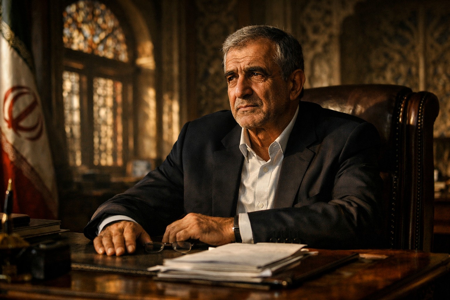 Portrait of President Masoud Pezeshkian at his desk in Tehran