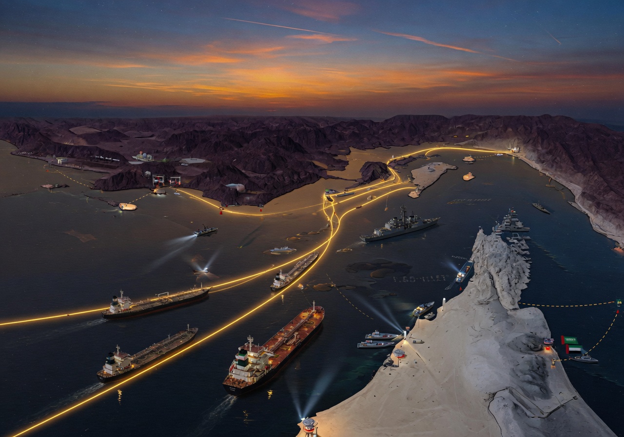 Map highlighting the Strait of Hormuz with shipping routes and key regional players