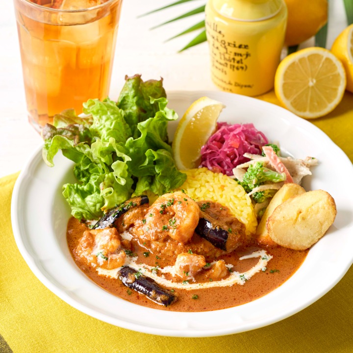 海老と揚げナスのレモンカレープレート