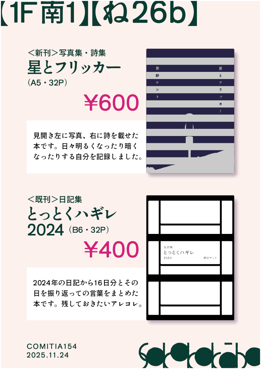 コミティア154でのサークル「ソコココウボウ」のお品書き。新刊である写真集・詩集『星とフリッカー』（A5・32P）が600円。見開き左に写真、右に詩を載せた本です。日々明るくなったり暗くなったりする自分を記録しました。機関である日記集『とっとくハギレ2024（B6・32P）が400円。2024年の日記から16日分とその日を振り返っての言葉をまとめた本です。残しておきたいアレコレ。