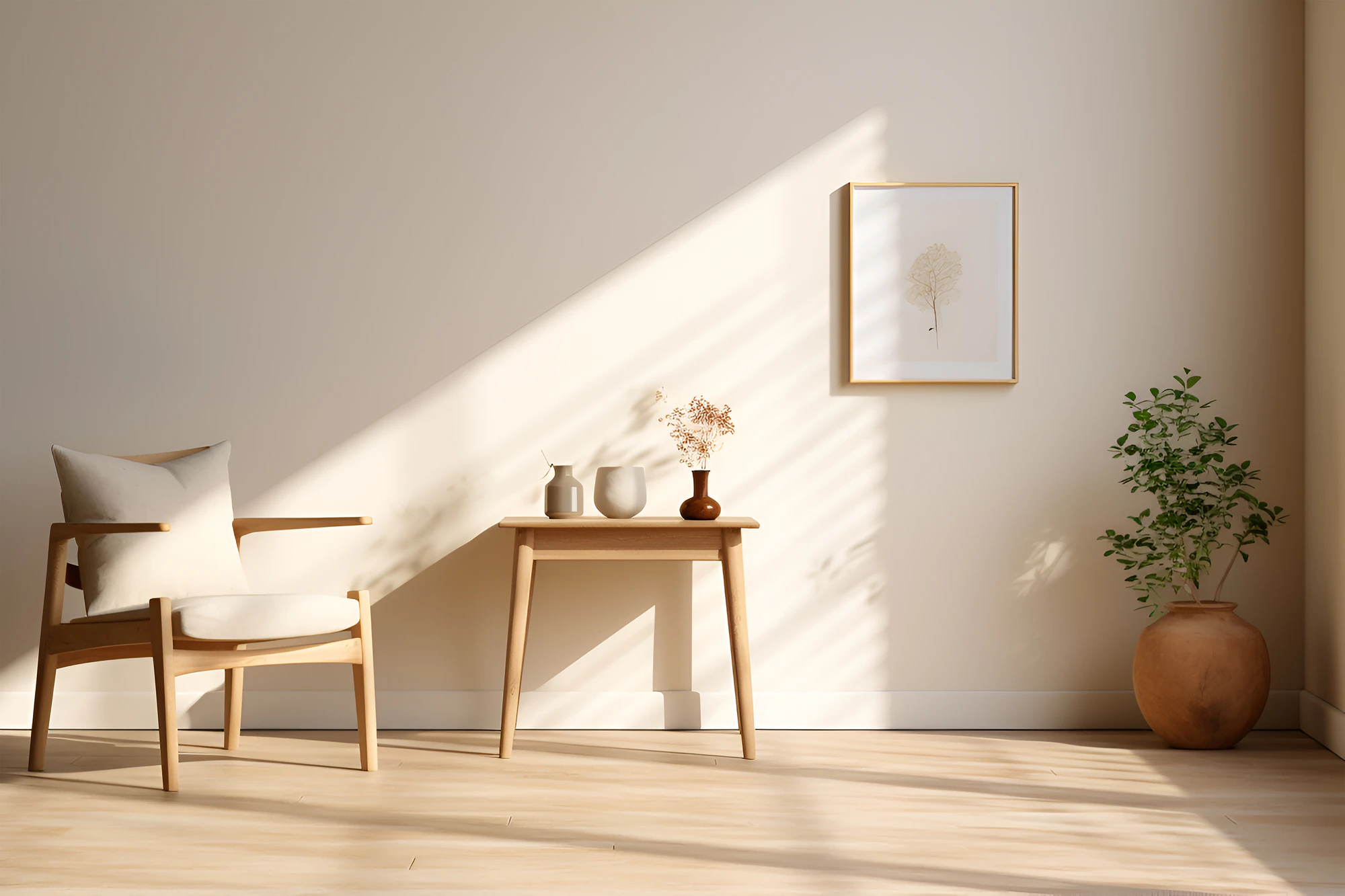 Cozy living room beige interior with wooden chair, coffee table, flowerpot