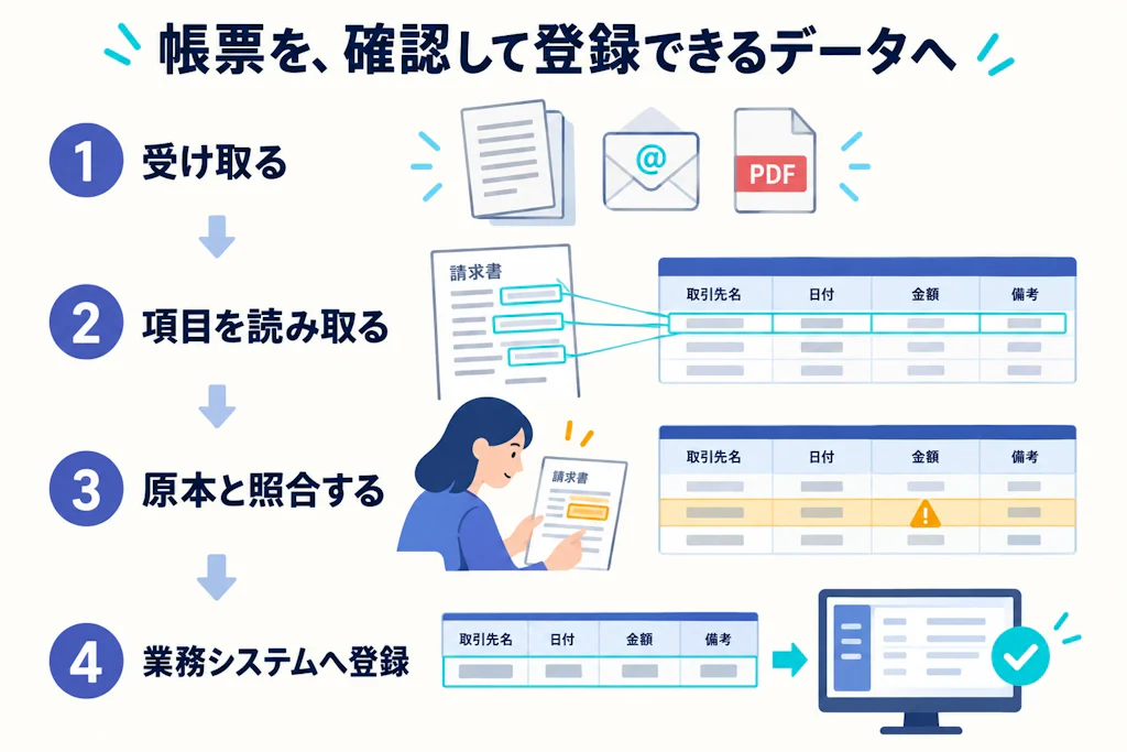 帳票を受領し、読み取り・照合・登録へ進む流れ