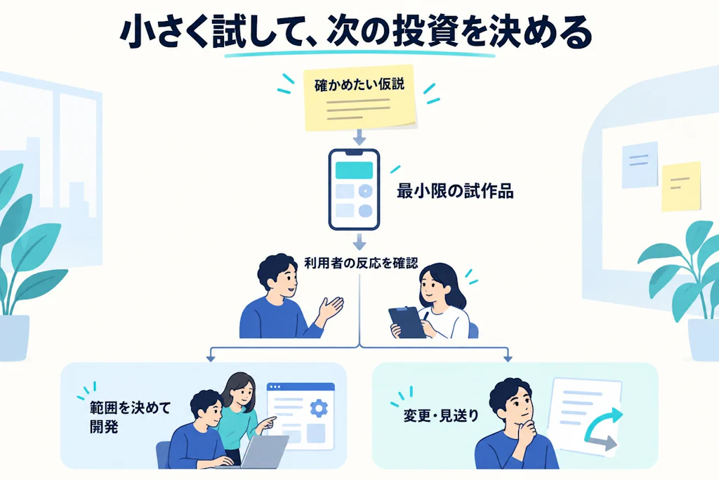仮説を試作品で確認し、開発・変更・見送りを判断する流れ